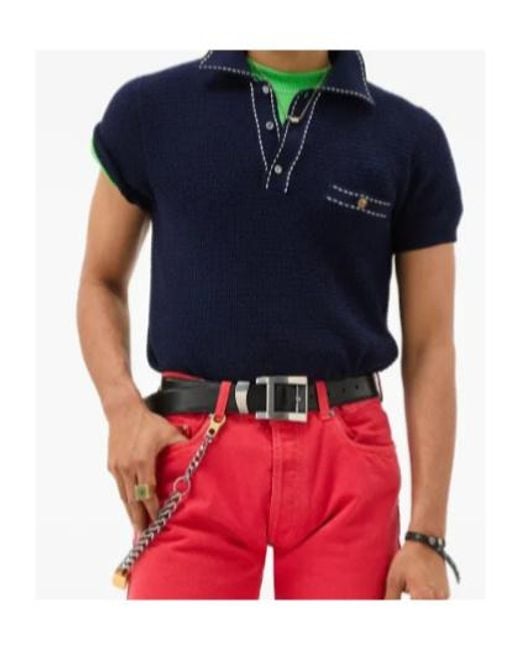 Versace Blue Contrast Stitch Polo Knitted Top for men