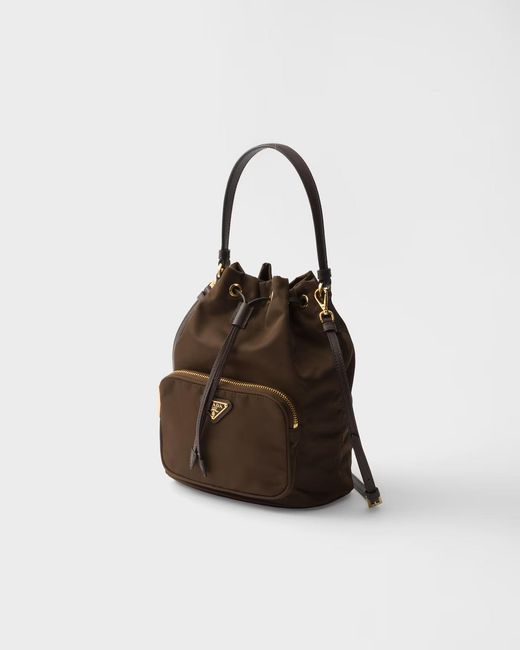 Prada Brown Re-Nylon Triangle-Logo Drawstring Bucket Bag
