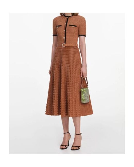Self-Portrait Brown Belted Crochet-Knit Midi Dress