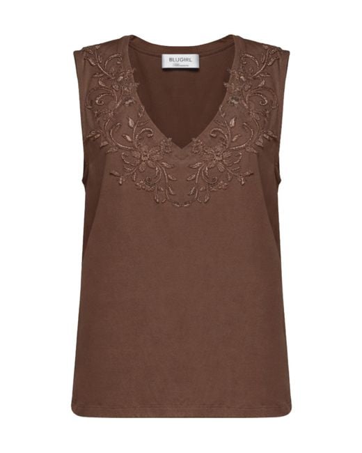 Blugirl Blumarine Brown Embellished V-Neck Top