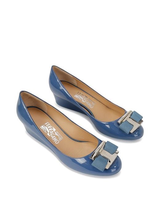 Ferragamo Blue Bow-Tie Round-Toe Wedge Heels