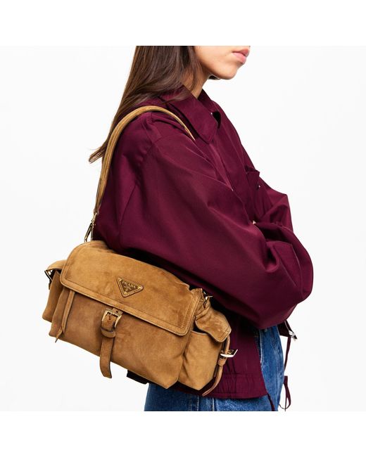 Prada Brown Explore Medium Suede Shoulder Bag With Flap