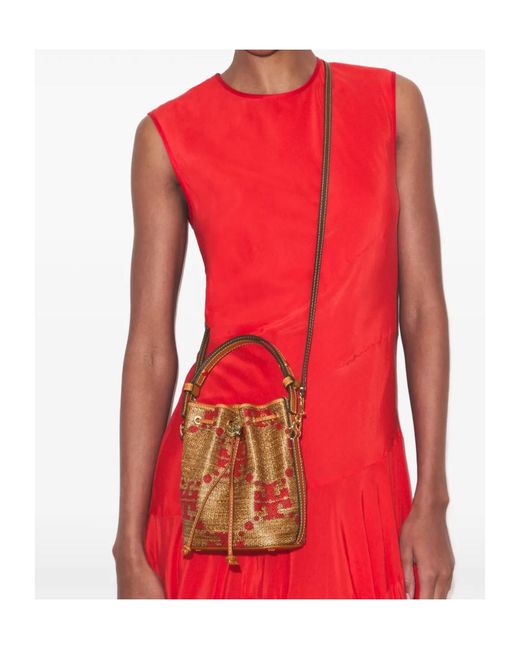 Tory Burch Red T Monogram Straw Mini Bucket Bag