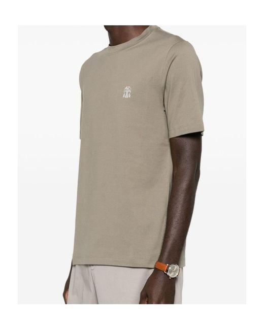 Brunello Cucinelli Natural Logo Embroidered Crewneck T-Shirt for men