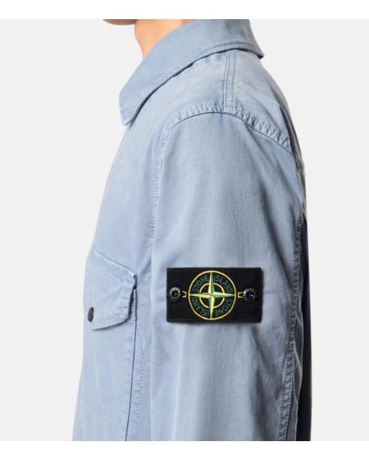 Stone Island Blue Logo Patch Long Sleeved Shirt Jacket for men