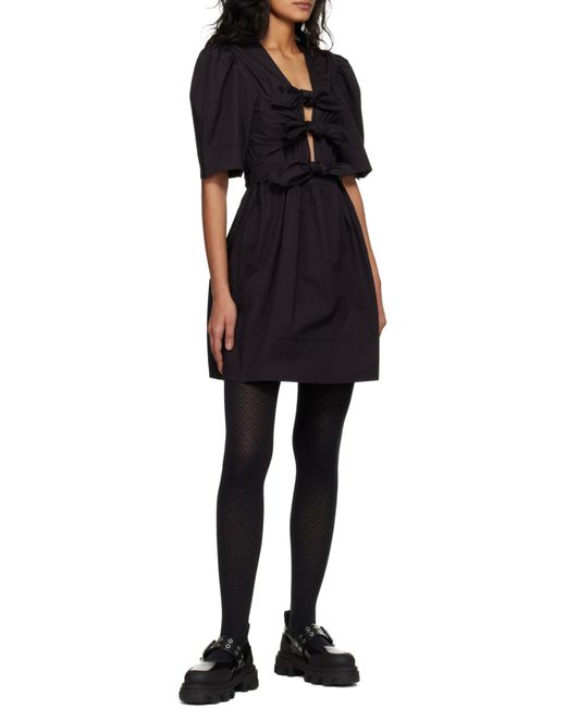 Ganni Black Bow Detailed V-Neck Mini Dress