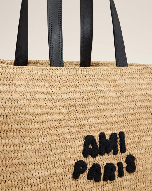 AMI Natural Ami Logo Patch Woven Tote Bag