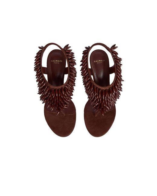 Balmain Brown No Wedge Beaded Suede Sandals