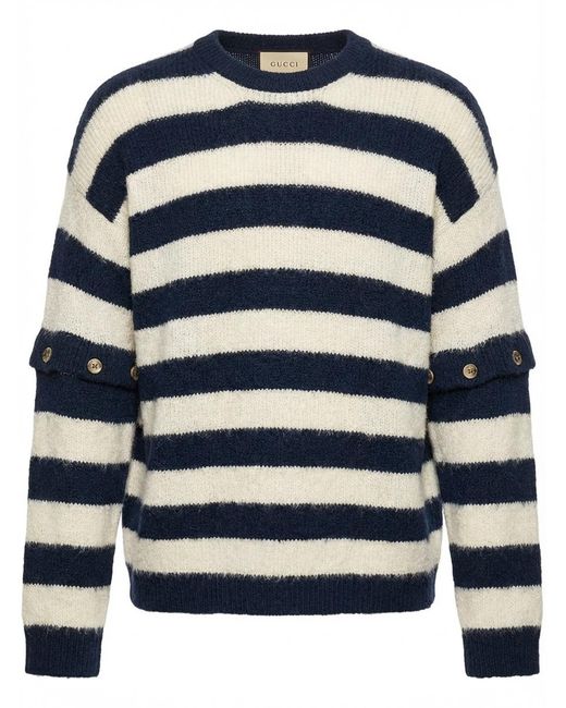 Gucci Blue Striped Crew-Neck Brushed Jumper for men