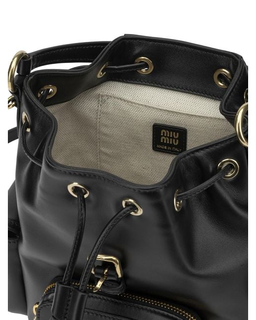 Miu Miu Black Logo-Embossed Calf Leather Backpack