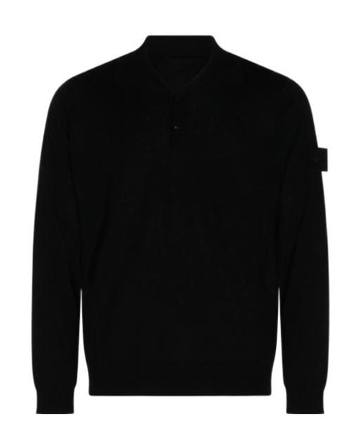 Stone Island Black Long-Sleeved Knit Polo Shirt for men