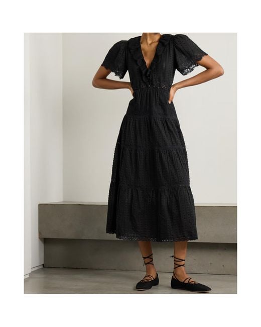 Doen Black Gabriella Ruffled Tiered Lace-Trimmed Point D'Esprit Cotton Dress