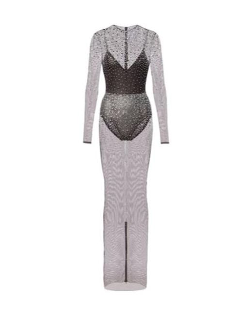 Alex Perry Gray Crystal-Embellished Mesh Maxi Dress
