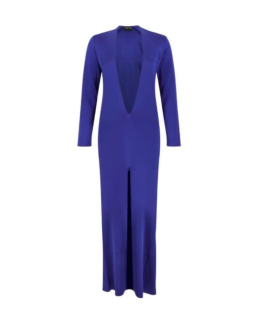 Tom Ford Blue Plunging-Neckline Front-Slit Maxi Dress
