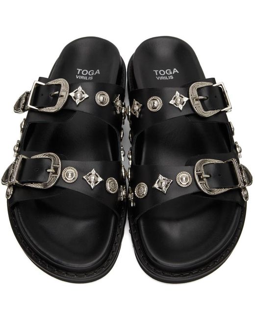 Toga Virilis Black Studded Buckle-Strap Leather Sandals for men