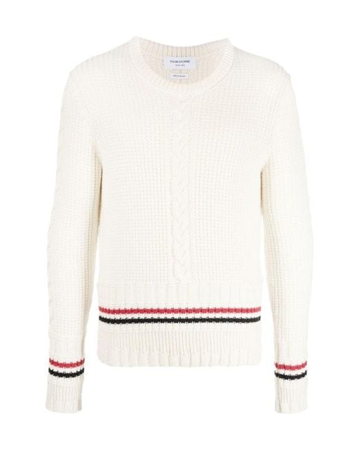 Thom Browne White Rwb-Stripe Cable Knit Jumper for men