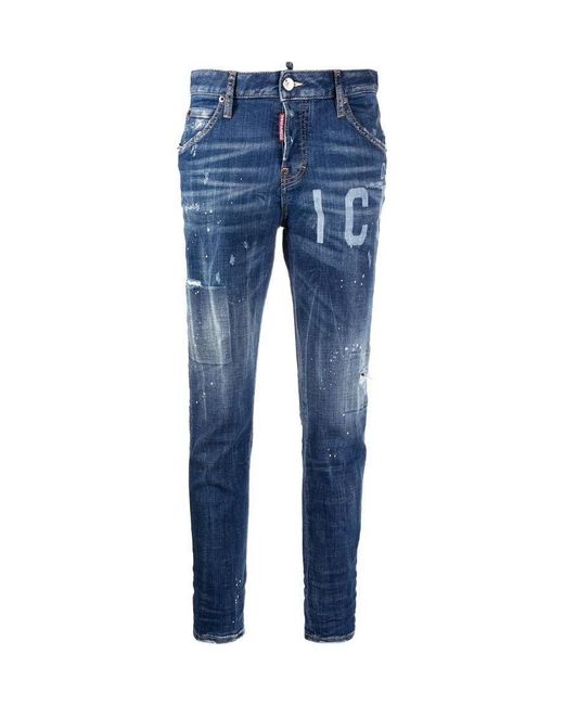 DSquared² Blue Logo-Print Distressed Jeans