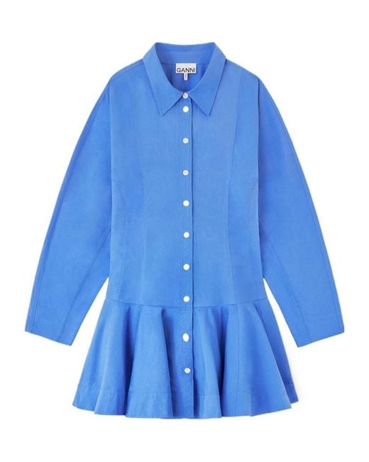 Ganni Blue Button-Up Flared Mini Dress