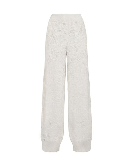 Brunello Cucinelli White Linen And Cotton Dazzling Water Lillies Knit Track Trousers
