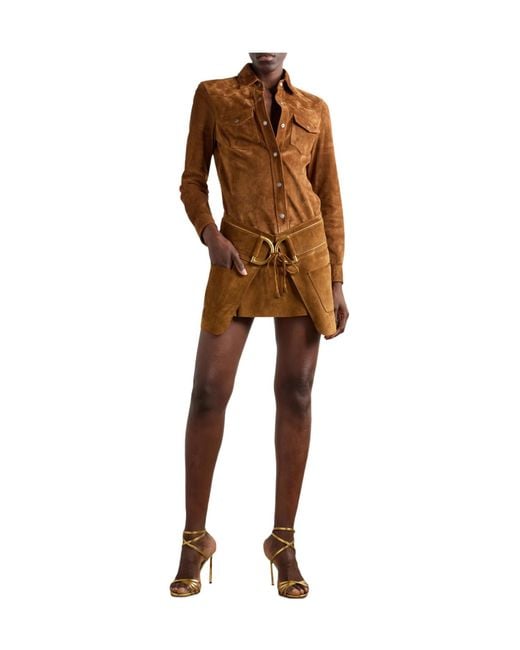 Tom Ford Brown Belted Layered Suede Mini Skirt