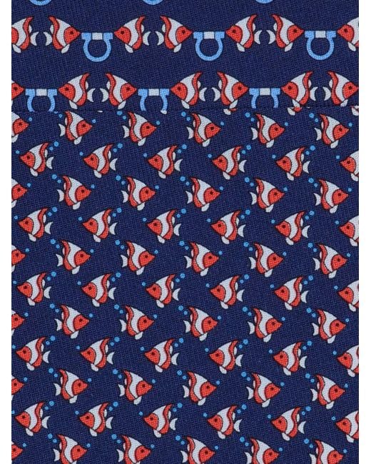 Ferragamo Blue Mini Fish Print Silk Tie for men