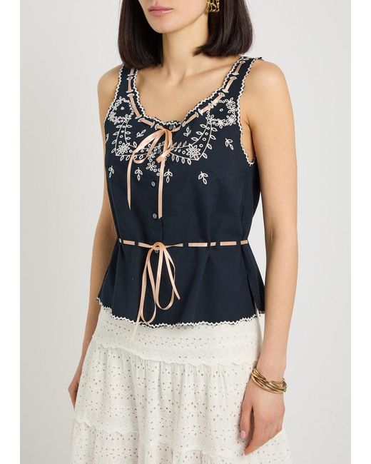 Rixo Blue Embroidered Cotton Top