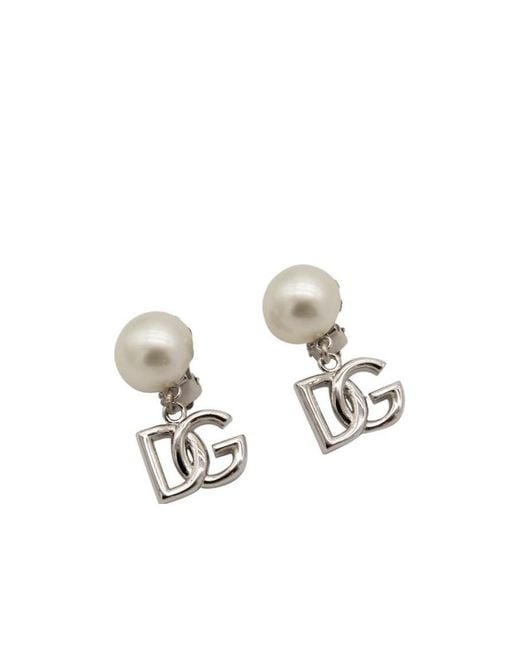 Dolce & Gabbana White Logo Drop Pearl Earrings
