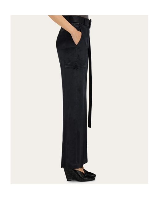 Ferragamo Black Ferragamo Belted Waist Satin Cargo Trousers