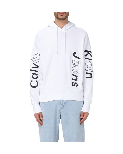Calvin Klein White Logo-Embroidered Cotton Hoodie for men