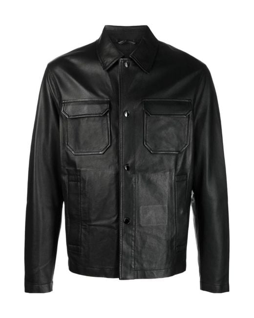 Emporio Armani Black Logo-Patch Leather Jacket for men