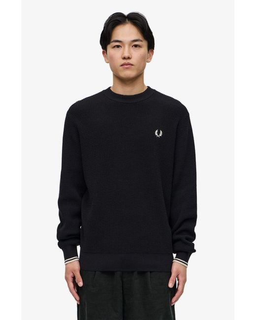 Fred Perry Black Waffle-Knit Crewneck Jumper for men