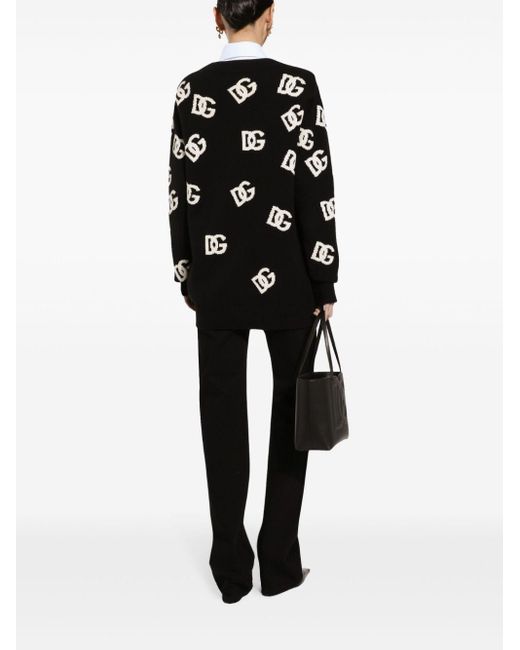 Dolce & Gabbana Black Jacquard Logo Virgin Wool V-Neck Cardigan