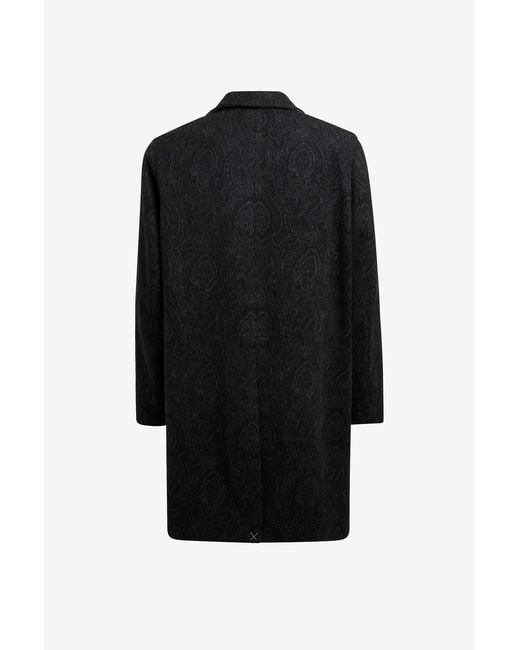 Etro Black Wool And Cashmere Jacquard Coat With Arnica Motif for men