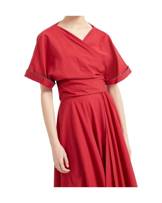 Brunello Cucinelli Red Shiny Trim Poplin Kimono-Style Top