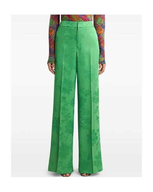 Etro Green Wide-Leg Jacquard Trousers With Floral Motif