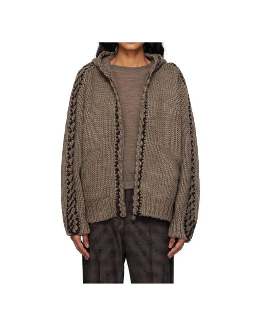 OPEN YY Brown Seam-Stitched Zip-Up Knit Hoodie