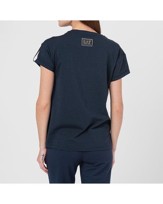 EA7 Blue Round Collar Striped T-Shirt