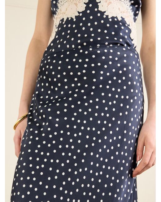 Rixo Blue Matilde Lace-Trimmed Polka-Dot Satin Midi Skirt