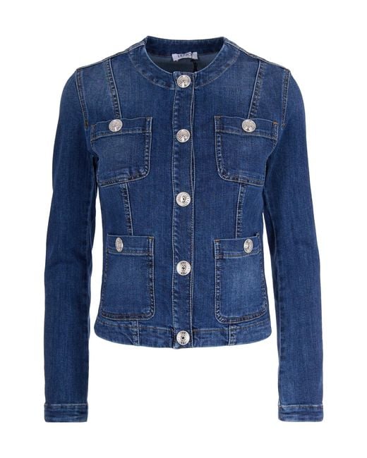 Liu Jo Blue Jewel-Button Crewneck Denim Jacket