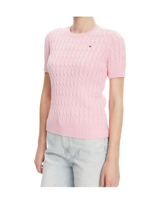 Tommy Hilfiger Pink Cable-Knit Short-Sleeve Sweater