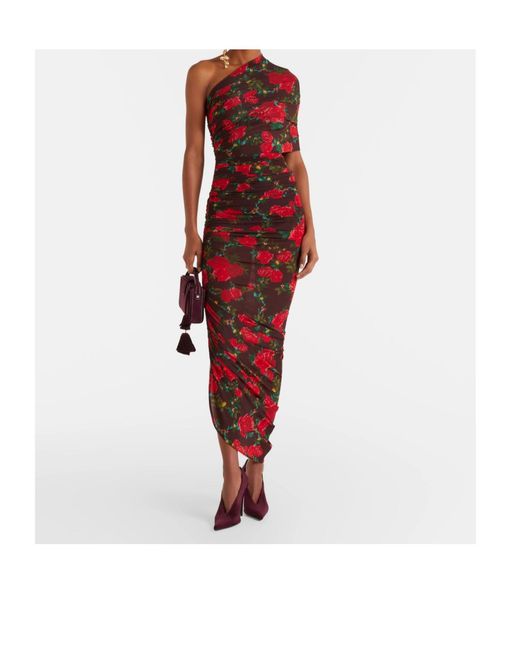 Magda Butrym Red Floral Ruched Midi Dress