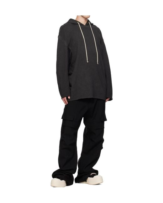 Rick Owens Black Drawstring Raw-Cut Hoodie for men