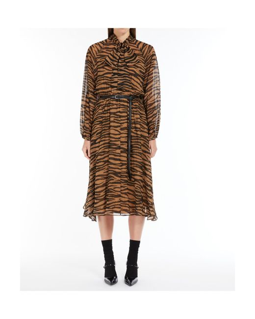 Max Mara Brown All-Over Printed Belted Long-Sleeved Dress