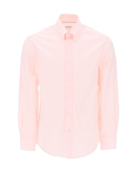 Brunello Cucinelli Pink Cotton Button-Down Collar Shirt for men