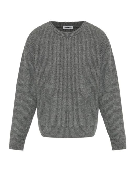 Jil Sander Gray Ribbed Crew Neck Knitted Sweater for men