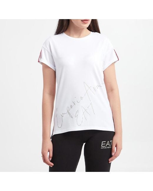 EA7 White Striped Short-Sleeved T-Shirt