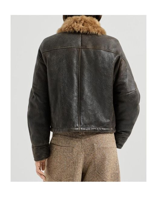 Brunello Cucinelli Gray Shearling Aviator Jacket With Monili