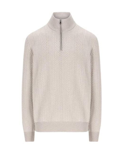 Brunello Cucinelli White Half-Zip Chevron Jumper for men