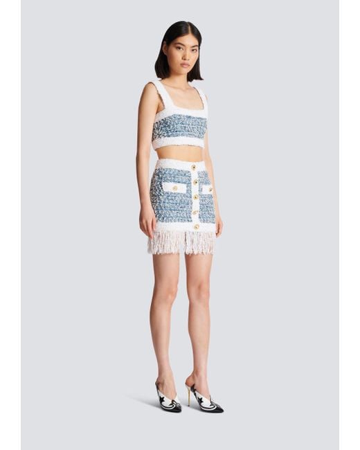 Balmain Blue Buttoned Denim Fringed Tweed Mini Skirt