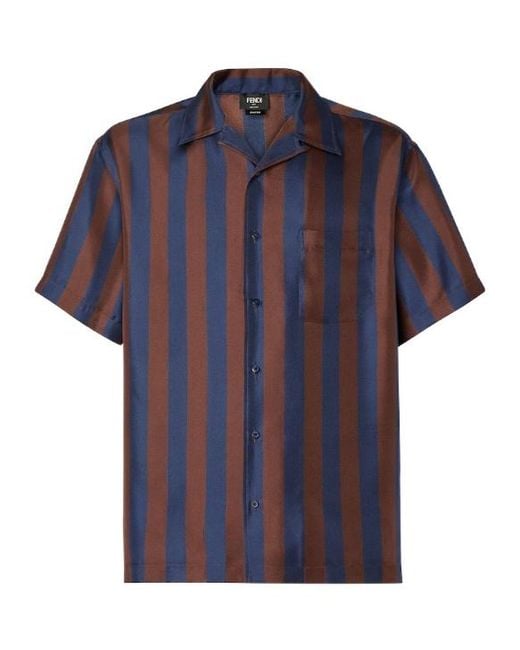 Fendi Blue Striped Collared Short-Sleeve Shirt for men